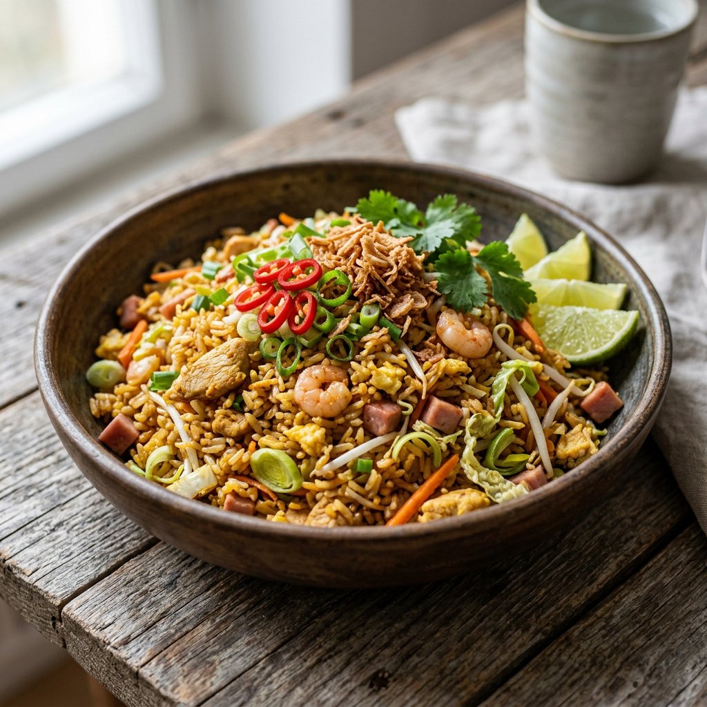 Nasi Goreng mit Huhn, Krabben, Schinken und Ei