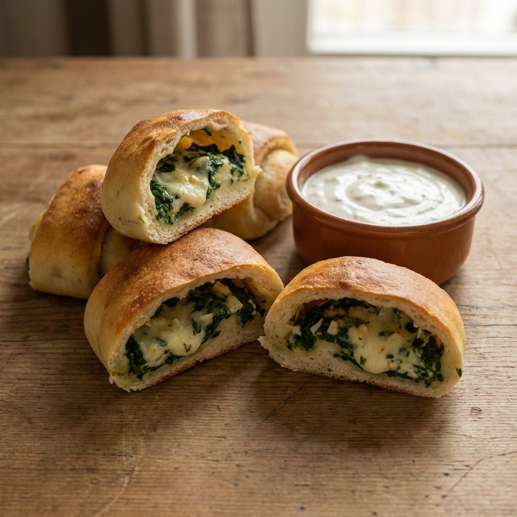 Pizzabrötchen gefüllt mit Spinat, Schafskäse und Knoblauch