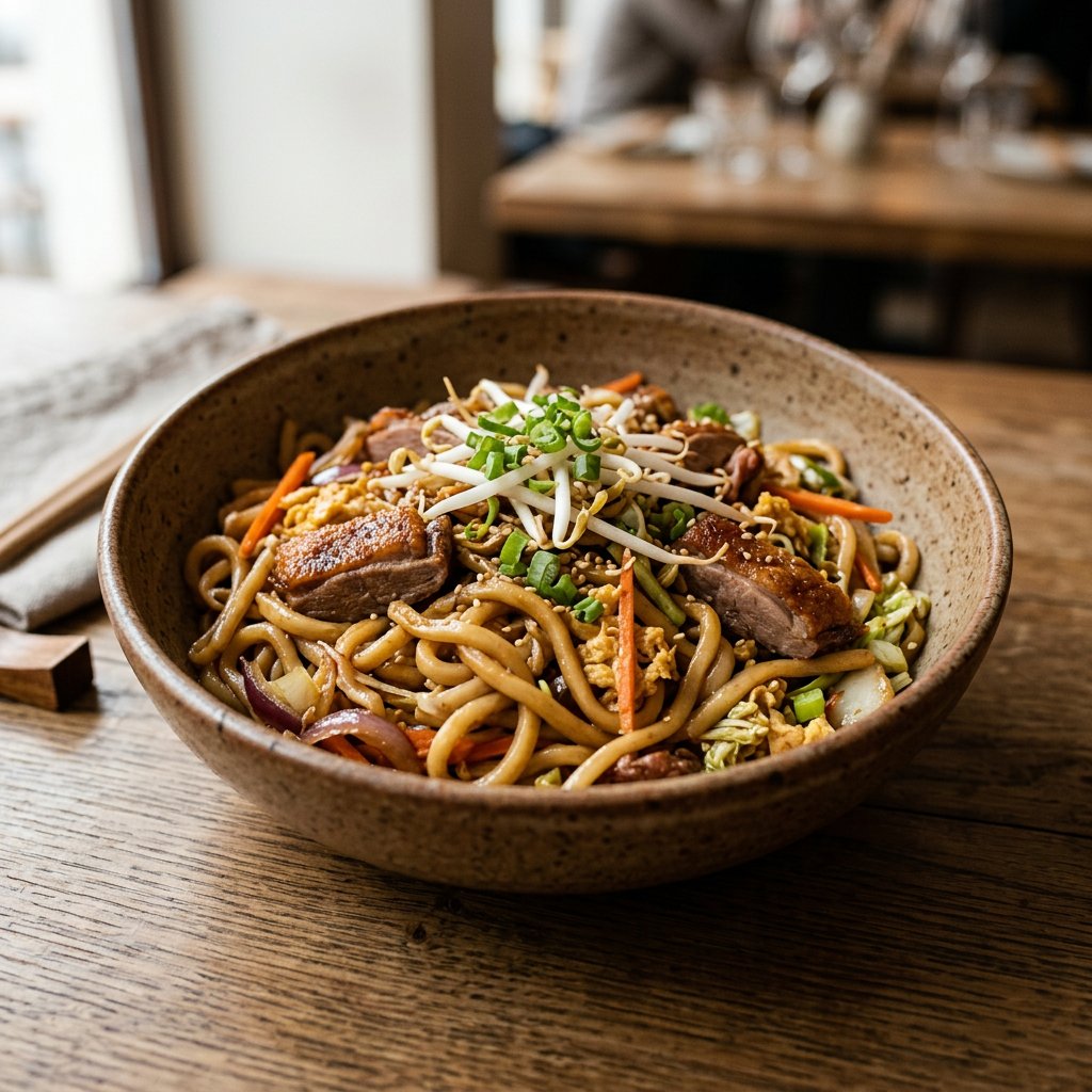 Gebratene Udon-Nudeln mit Ente