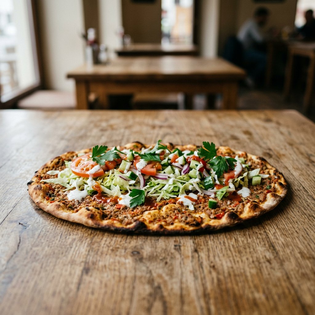 Türkische Pizza mit Salat und Sauce