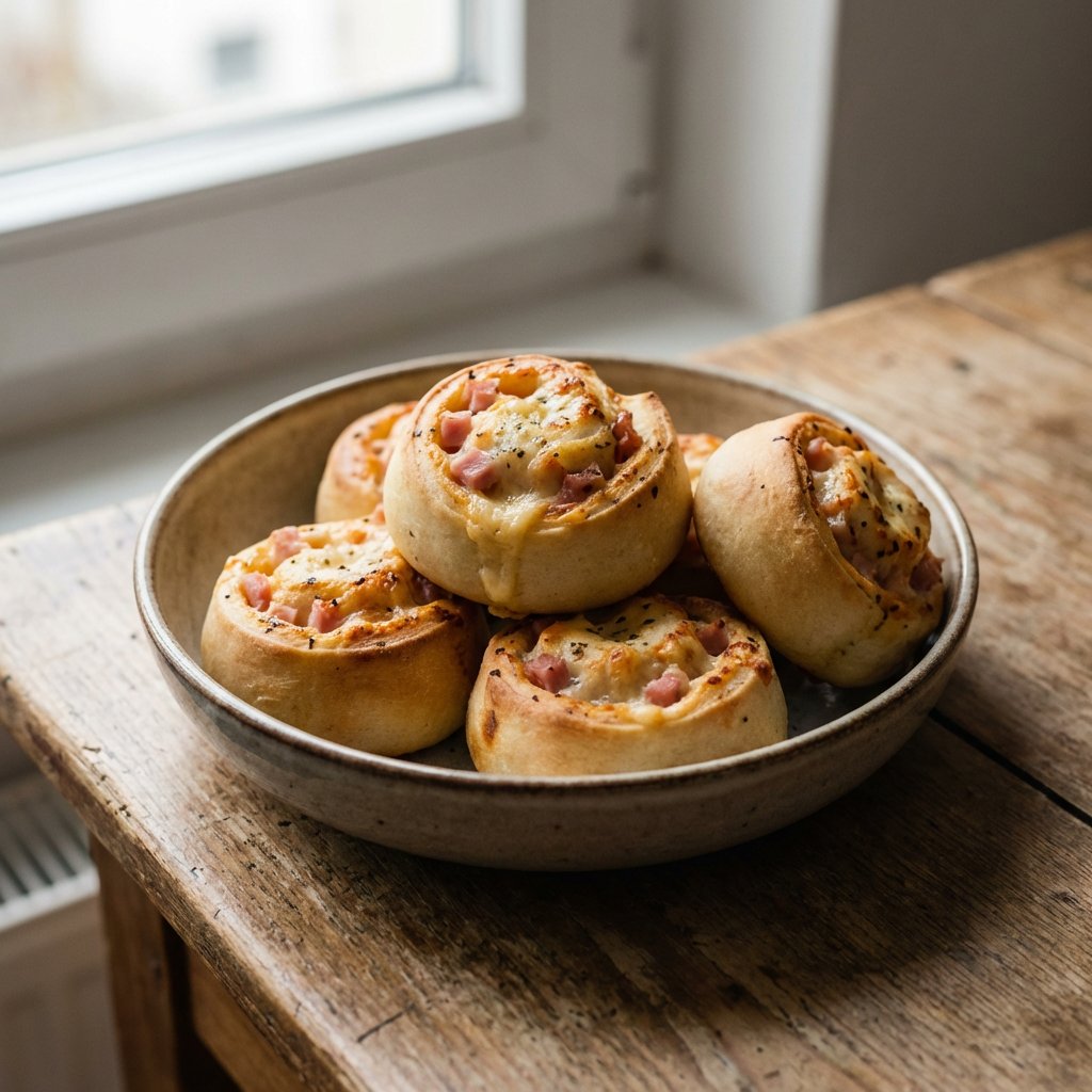 Gefüllte Pizzabrötchen mit Formfleischvorderschinken und Käse