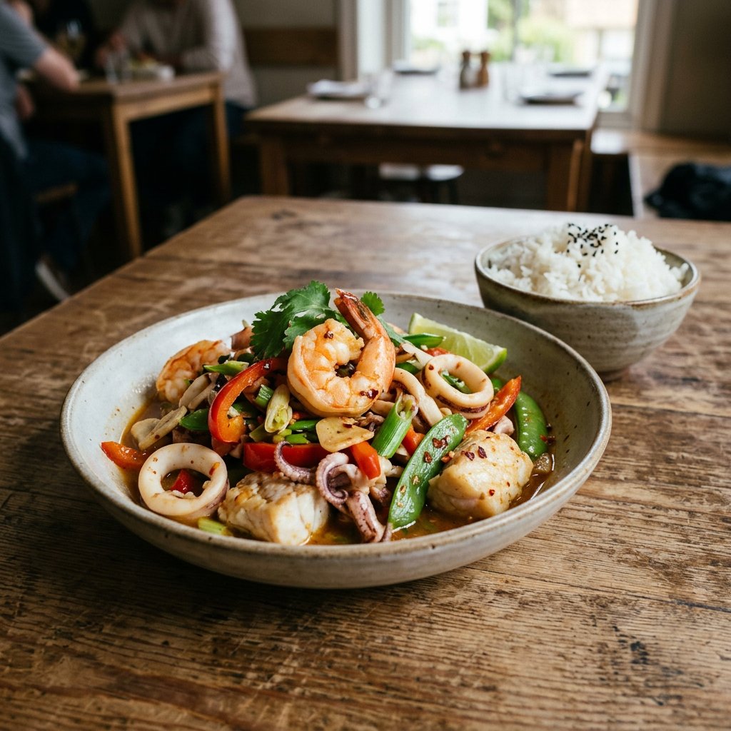 Garnelen, Tintenfisch und Fisch