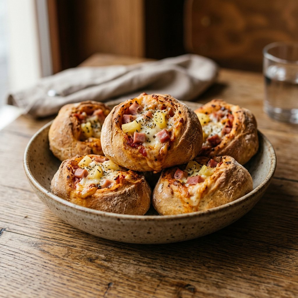 Gefüllte Pizzabrötchen mit Formfleisch-Vorderschinken und Ananas