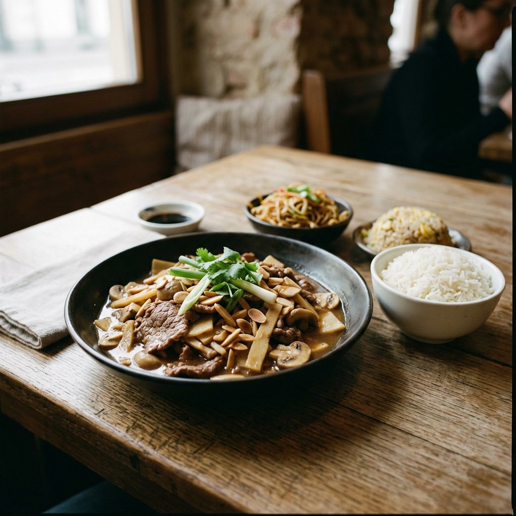 Rindfleisch mit Bambus, Champignons und Mandeln